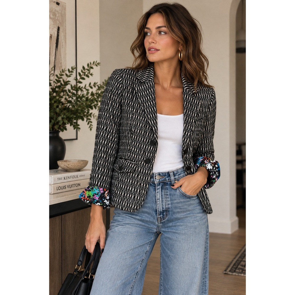 Rachel Rachel Roy Black White Textured Blazer Floral Lined Jacket Size 2